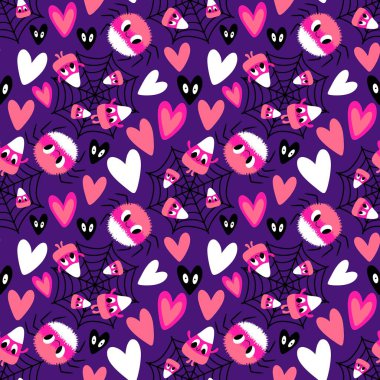 Çizgi film canavarları, duvar kağıtları, kumaşlar, tekstil ve ambalajlar, çarşaflar ve çocuk giysileri baskıları ve ambalaj kağıtları için kusursuz Cadılar Bayramı örümceği desenleri. Yüksek kaliteli illüstrasyon