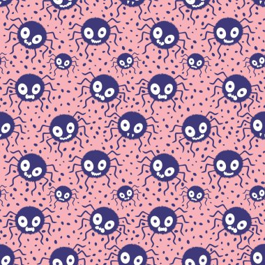 Çizgi film canavarları, duvar kağıtları, kumaşlar, tekstil ve ambalajlar, çarşaflar ve çocuk giysileri baskıları ve ambalaj kağıtları için kusursuz Cadılar Bayramı örümceği desenleri. Yüksek kaliteli illüstrasyon