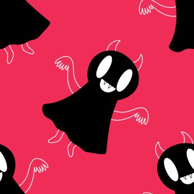 Cadılar Bayramı hayaletleri kağıt, kumaş, çarşaf ve çocuk giysileri baskısı, ambalaj ve şenlikli aksesuarlar için kusursuz çizgi film desenleri. Yüksek kaliteli illüstrasyon