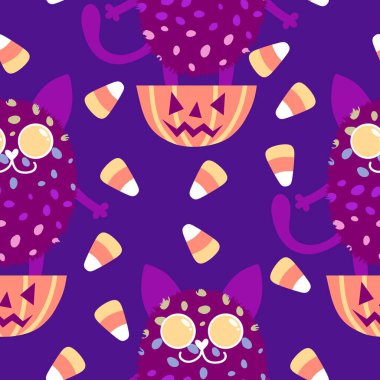 Cadılar Bayramı hayvanlarının kumaşları, kumaşları, çarşafları, çocuk giysilerini ve parti aksesuarlarını paketlemek için kusursuz kedileri ve şekerlemeleri var. Yüksek kaliteli illüstrasyon