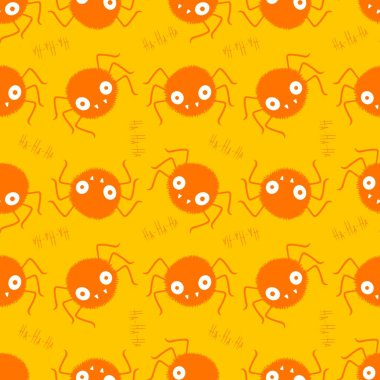 Çizgi film canavarları, duvar kağıtları, kumaşlar, tekstil ve ambalajlar, çarşaflar ve çocuk giysileri baskıları ve ambalaj kağıtları için kusursuz Cadılar Bayramı örümceği desenleri. Yüksek kaliteli illüstrasyon