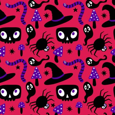 Çizgi film canavarları, duvar kağıtları, kumaşlar, tekstil ve ambalajlar, çarşaflar ve çocuk giysileri baskıları ve ambalaj kağıtları için kusursuz Cadılar Bayramı örümceği desenleri. Yüksek kaliteli illüstrasyon