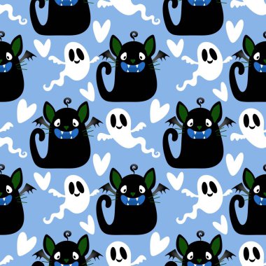 Cadılar bayramı hayvanları kusursuz kediler ve paket kağıdı, kumaş, çarşaf ve çocuk kıyafetleri ve parti aksesuarları için hayalet deseni. Yüksek kaliteli illüstrasyon