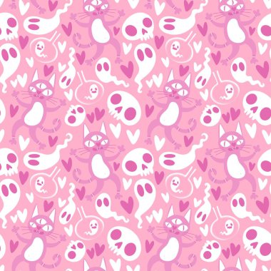 Cadılar bayramı hayvanları kusursuz kediler ve paket kağıdı, kumaş, çarşaf ve çocuk kıyafetleri ve parti aksesuarları için hayalet deseni. Yüksek kaliteli illüstrasyon