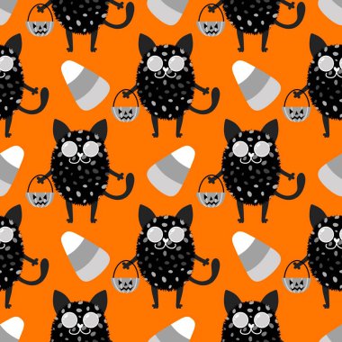 Cadılar Bayramı hayvanlarının kumaşları, kumaşları, çarşafları, çocuk giysilerini ve parti aksesuarlarını paketlemek için kusursuz kedileri ve şekerlemeleri var. Yüksek kaliteli illüstrasyon