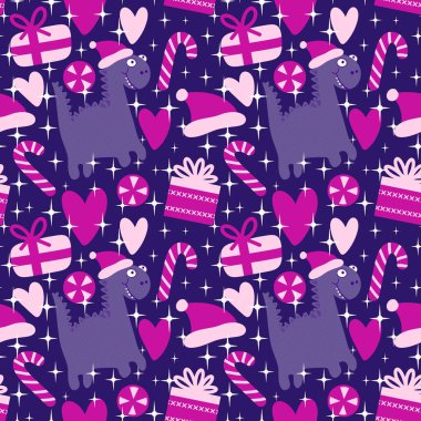 Noel ağacı dikişsiz ejderha, hediye kutusu, toplar ve penguen desenli ambalaj kağıtları, kumaşlar, kış aksesuarları, çocuk baskısı ve Noel paketi ve parti. Yüksek kaliteli illüstrasyon