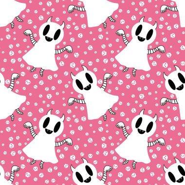 Cadılar Bayramı hayaletleri kağıt, kumaş, çarşaf ve çocuk giysileri baskısı, ambalaj ve şenlikli aksesuarlar için kusursuz çizgi film desenleri. Yüksek kaliteli illüstrasyon