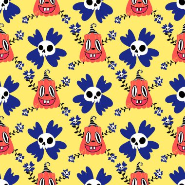 Sonbahar hasadı sebzesiz canavar Cadılar Bayramı balkabağı desenli kağıt, kumaş ve çocuk giysileri baskısı, şenlikli ambalaj ve aksesuarlar. Yüksek kaliteli illüstrasyon