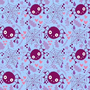 Çizgi film canavarları, duvar kağıtları, kumaşlar, tekstil ve ambalajlar, çarşaflar ve çocuk giysileri baskıları ve ambalaj kağıtları için kusursuz Cadılar Bayramı örümceği desenleri. Yüksek kaliteli illüstrasyon