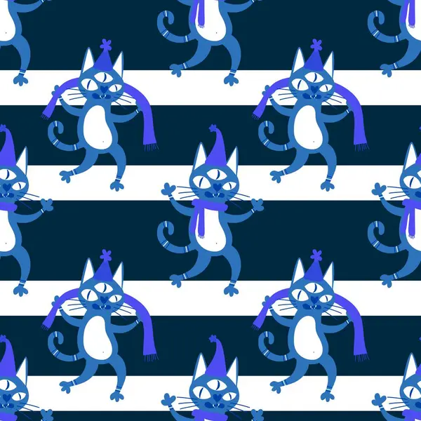 Noel karikatüründeki hayvanlar, kağıt, kumaş, çarşaf ve çocuk giysileri baskısı, parti aksesuarları ve yeni yıl ambalajları için kusursuz kediler ve oyuncak desenleri. Yüksek kaliteli illüstrasyon