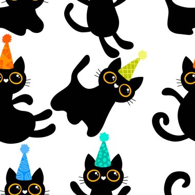 Cadılar Bayramı hayvanlarının doğum günü paketlerinde, kumaşlarda, çarşaflarda, çocuk kıyafetlerinde ve parti aksesuarlarında kusursuz kedi desenleri var. Yüksek kaliteli illüstrasyon