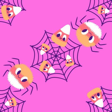 Çizgi film canavarları, duvar kağıtları, kumaşlar, tekstil ve ambalajlar, çarşaflar ve çocuk giysileri baskıları ve ambalaj kağıtları için kusursuz Cadılar Bayramı örümceği desenleri. Yüksek kaliteli illüstrasyon