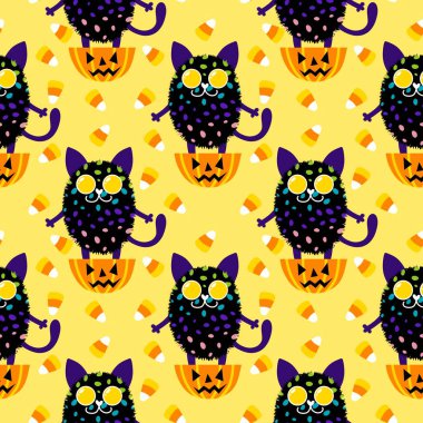 Cadılar Bayramı hayvanlarının kumaşları, kumaşları, çarşafları, çocuk giysilerini ve parti aksesuarlarını paketlemek için kusursuz kedileri ve şekerlemeleri var. Yüksek kaliteli illüstrasyon