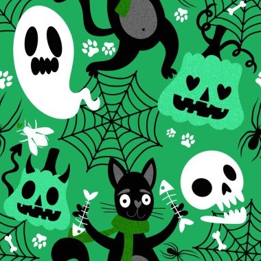 Cadılar bayramı hayvanları kusursuz kediler ve paket kağıdı, kumaş, çarşaf ve çocuk kıyafetleri ve parti aksesuarları için hayalet deseni. Yüksek kaliteli illüstrasyon
