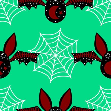 Cadılar Bayramı hayvanlarının karikatürleri karikatürsüz yarasaların canavar desenleri kağıt, kumaş, çarşaf ve çocuk giysileri baskısı ve sonbahar ambalajları ve parti aksesuarları. Yüksek kaliteli illüstrasyon