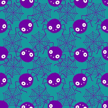 Çizgi film canavarları, duvar kağıtları, kumaşlar, tekstil ve ambalajlar, çarşaflar ve çocuk giysileri baskıları ve ambalaj kağıtları için kusursuz Cadılar Bayramı örümceği desenleri. Yüksek kaliteli illüstrasyon