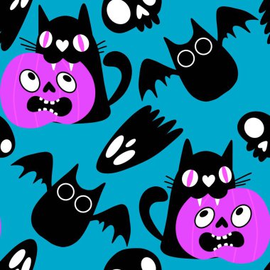 Cadılar bayramı hayvanları kusursuz kediler ve paket kağıdı, kumaş, çarşaf ve çocuk kıyafetleri ve parti aksesuarları için hayalet deseni. Yüksek kaliteli illüstrasyon