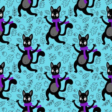 Cadılar bayramı hayvanları kusursuz kediler ve paket kağıdı, kumaş, çarşaf ve çocuk kıyafetleri ve parti aksesuarları için hayalet deseni. Yüksek kaliteli illüstrasyon