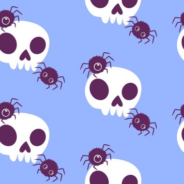 Çizgi film canavarları, duvar kağıtları, kumaşlar, tekstil ve ambalajlar, çarşaflar ve çocuk giysileri baskıları ve ambalaj kağıtları için kusursuz Cadılar Bayramı örümceği desenleri. Yüksek kaliteli illüstrasyon