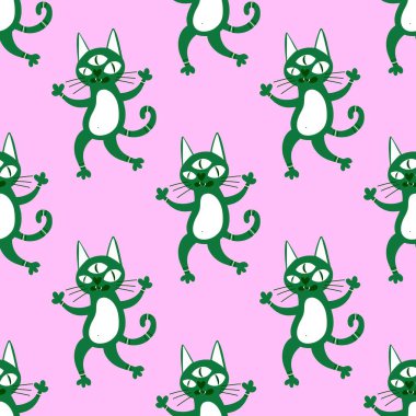 Cadılar bayramı hayvanları kusursuz kediler ve paket kağıdı, kumaş, çarşaf ve çocuk kıyafetleri ve parti aksesuarları için hayalet deseni. Yüksek kaliteli illüstrasyon