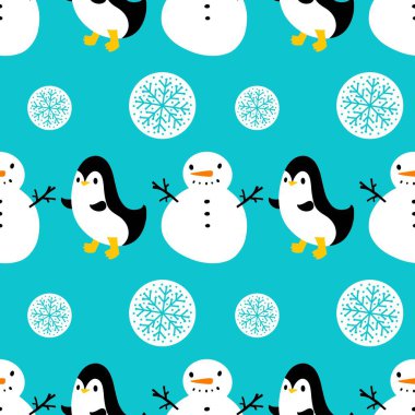 Noel hayvanları kağıt, kumaş, çarşaf, çocuk giysisi baskısı, yeni yıl ambalajı ve Noel kış ambalajı için kusursuz penguen desenleri. Yüksek kaliteli illüstrasyon