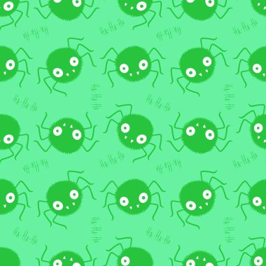 Çizgi film canavarları, duvar kağıtları, kumaşlar, tekstil ve ambalajlar, çarşaflar ve çocuk giysileri baskıları ve ambalaj kağıtları için kusursuz Cadılar Bayramı örümceği desenleri. Yüksek kaliteli illüstrasyon