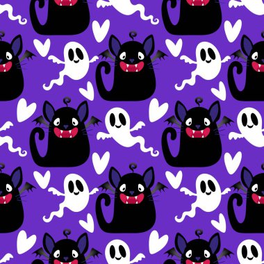 Cadılar bayramı hayvanları kusursuz kediler ve paket kağıdı, kumaş, çarşaf ve çocuk kıyafetleri ve parti aksesuarları için hayalet deseni. Yüksek kaliteli illüstrasyon