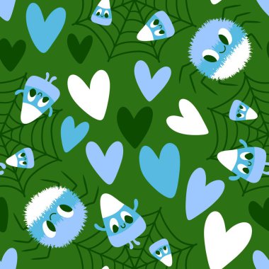 Çizgi film canavarları, duvar kağıtları, kumaşlar, tekstil ve ambalajlar, çarşaflar ve çocuk giysileri baskıları ve ambalaj kağıtları için kusursuz Cadılar Bayramı örümceği desenleri. Yüksek kaliteli illüstrasyon