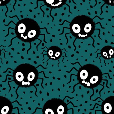 Çizgi film canavarları, duvar kağıtları, kumaşlar, tekstil ve ambalajlar, çarşaflar ve çocuk giysileri baskıları ve ambalaj kağıtları için kusursuz Cadılar Bayramı örümceği desenleri. Yüksek kaliteli illüstrasyon