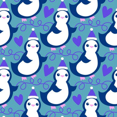 Noel hayvanları kağıt, kumaş, çarşaf, çocuk giysisi baskısı, yeni yıl ambalajı ve Noel kış ambalajı için kusursuz penguen desenleri. Yüksek kaliteli illüstrasyon