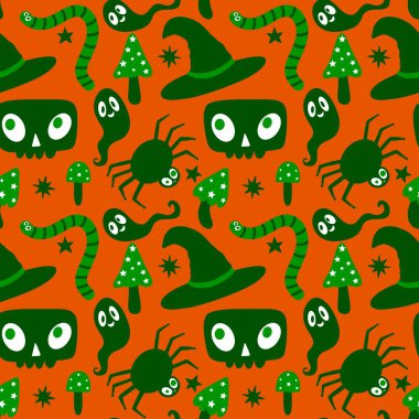 Çizgi film canavarları, duvar kağıtları, kumaşlar, tekstil ve ambalajlar, çarşaflar ve çocuk giysileri baskıları ve ambalaj kağıtları için kusursuz Cadılar Bayramı örümceği desenleri. Yüksek kaliteli illüstrasyon