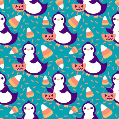 Cadılar Bayramı hayvanlarının çizgi filmlerindeki kusursuz penguen desenleri kağıt, kumaş, çarşaf ve çocuk giysileri baskısı, sonbahar ambalajları ve parti aksesuarları için. Yüksek kaliteli illüstrasyon