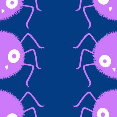 Çizgi film canavarları, duvar kağıtları, kumaşlar, tekstil ve ambalajlar, çarşaflar ve çocuk giysileri baskıları ve ambalaj kağıtları için kusursuz Cadılar Bayramı örümceği desenleri. Yüksek kaliteli illüstrasyon