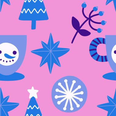 Noel ağacı kağıtları, kumaşlar, çarşaflar, yeni yıl ambalajları, çocuk giysileri baskısı ve Noel partisi aksesuarları için kusursuz kış oyuncakları deseni. Yüksek kaliteli illüstrasyon