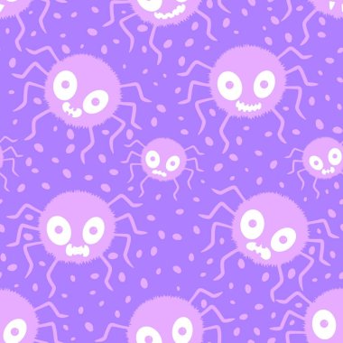 Çizgi film canavarları, duvar kağıtları, kumaşlar, tekstil ve ambalajlar, çarşaflar ve çocuk giysileri baskıları ve ambalaj kağıtları için kusursuz Cadılar Bayramı örümceği desenleri. Yüksek kaliteli illüstrasyon