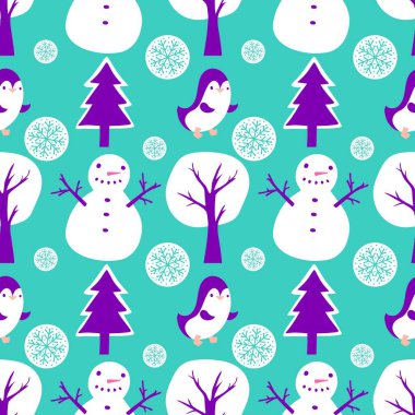 Noel hayvanları kağıt, kumaş, çarşaf, çocuk giysisi baskısı, yeni yıl ambalajı ve Noel kış ambalajı için kusursuz penguen desenleri. Yüksek kaliteli illüstrasyon