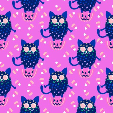 Cadılar Bayramı hayvanlarının kumaşları, kumaşları, çarşafları, çocuk giysilerini ve parti aksesuarlarını paketlemek için kusursuz kedileri ve şekerlemeleri var. Yüksek kaliteli illüstrasyon