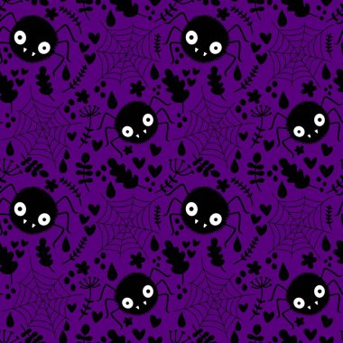 Çizgi film canavarları, duvar kağıtları, kumaşlar, tekstil ve ambalajlar, çarşaflar ve çocuk giysileri baskıları ve ambalaj kağıtları için kusursuz Cadılar Bayramı örümceği desenleri. Yüksek kaliteli illüstrasyon