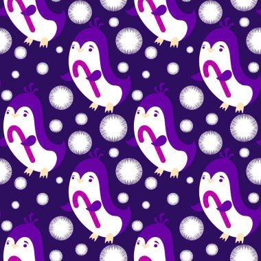 Noel hayvanları kağıt, kumaş, çarşaf, çocuk giysisi baskısı, yeni yıl ambalajı ve Noel kış ambalajı için kusursuz penguen desenleri. Yüksek kaliteli illüstrasyon