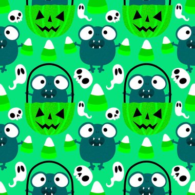 Cadılar Bayramı hayvanlarının çizgi filmlerindeki kusursuz kurbağalar kağıt, kumaş, çarşaf, çocuk giysisi baskısı, sonbahar ambalajı ve parti aksesuarları için canavar desenleri. Yüksek kaliteli illüstrasyon