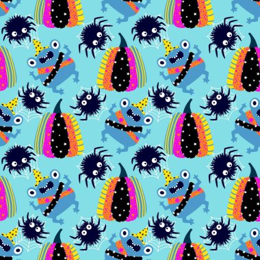 Cadılar Bayramı hayvanlarının çizgi filmlerindeki kusursuz kurbağalar kağıt, kumaş, çarşaf, çocuk giysisi baskısı, sonbahar ambalajı ve parti aksesuarları için canavar desenleri. Yüksek kaliteli illüstrasyon