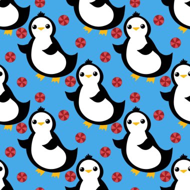Noel hayvanları kağıt, kumaş, çarşaf, çocuk giysisi baskısı, yeni yıl ambalajı ve Noel kış ambalajı için kusursuz penguen desenleri. Yüksek kaliteli illüstrasyon