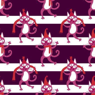 Noel karikatüründeki hayvanlar, kağıt, kumaş, çarşaf ve çocuk giysileri baskısı, parti aksesuarları ve yeni yıl ambalajları için kusursuz kediler ve oyuncak desenleri. Yüksek kaliteli illüstrasyon