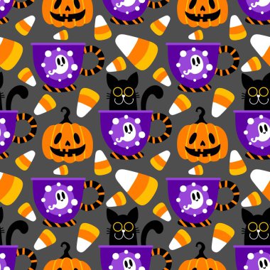 Cadılar Bayramı hayvanları kağıt, kumaş, çarşaf ve çocuk kıyafetleri ve parti aksesuarları için kusursuz kedi desenleri. Yüksek kaliteli illüstrasyon