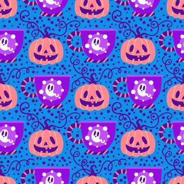 Sonbahar hasadı sebzesiz canavar Cadılar Bayramı balkabağı desenli kağıt, kumaş ve çocuk giysileri baskısı, şenlikli ambalaj ve aksesuarlar. Yüksek kaliteli illüstrasyon