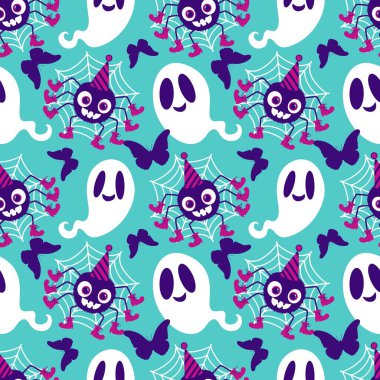 Çizgi film canavarları, duvar kağıtları, kumaşlar, tekstil ve ambalajlar, çarşaflar ve çocuk giysileri baskıları ve ambalaj kağıtları için kusursuz Cadılar Bayramı örümceği desenleri. Yüksek kaliteli illüstrasyon