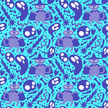 Cadılar Bayramı hayvanları kağıt, kumaş, çarşaf ve çocuk kıyafetleri ve parti aksesuarları için kusursuz kedi desenleri. Yüksek kaliteli illüstrasyon