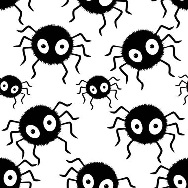 Çizgi film canavarları, duvar kağıtları, kumaşlar, tekstil ve ambalajlar, çarşaflar ve çocuk giysileri baskıları ve ambalaj kağıtları için kusursuz Cadılar Bayramı örümceği desenleri. Yüksek kaliteli illüstrasyon