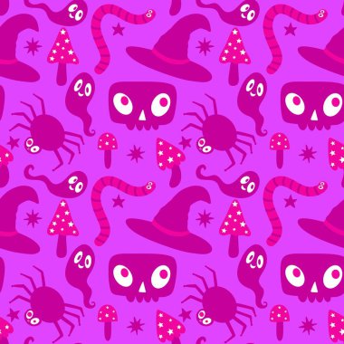 Çizgi film canavarları, duvar kağıtları, kumaşlar, tekstil ve ambalajlar, çarşaflar ve çocuk giysileri baskıları ve ambalaj kağıtları için kusursuz Cadılar Bayramı örümceği desenleri. Yüksek kaliteli illüstrasyon