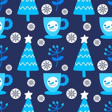 Noel ağacı kağıtları, kumaşlar, çarşaflar, yeni yıl ambalajları, çocuk giysileri baskısı ve Noel partisi aksesuarları için kusursuz kış oyuncakları deseni. Yüksek kaliteli illüstrasyon